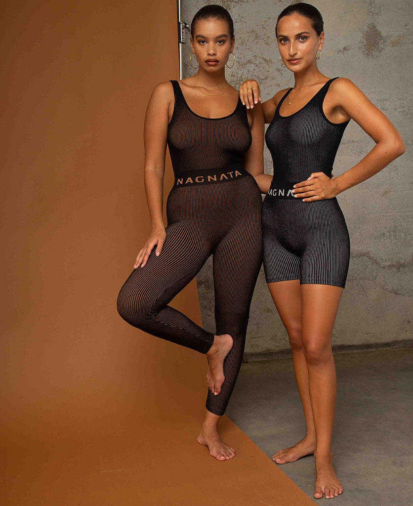 Female models wearing Nagnata Avika Tank tops in black & cream with the Checked Out Knit Shorts